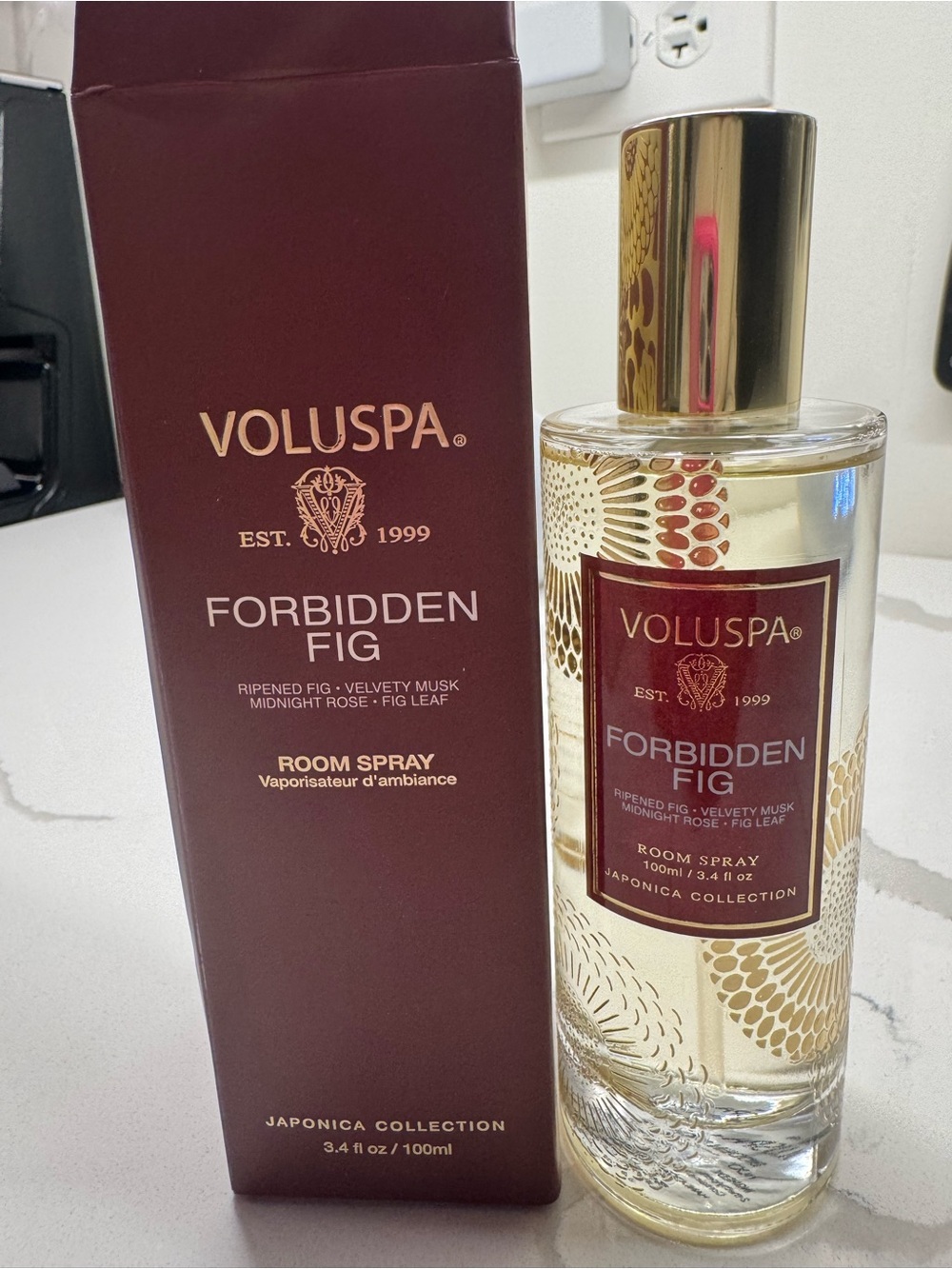 Voluspa Forbidden Fig Room Spray - Burgundy and Gold Accents
